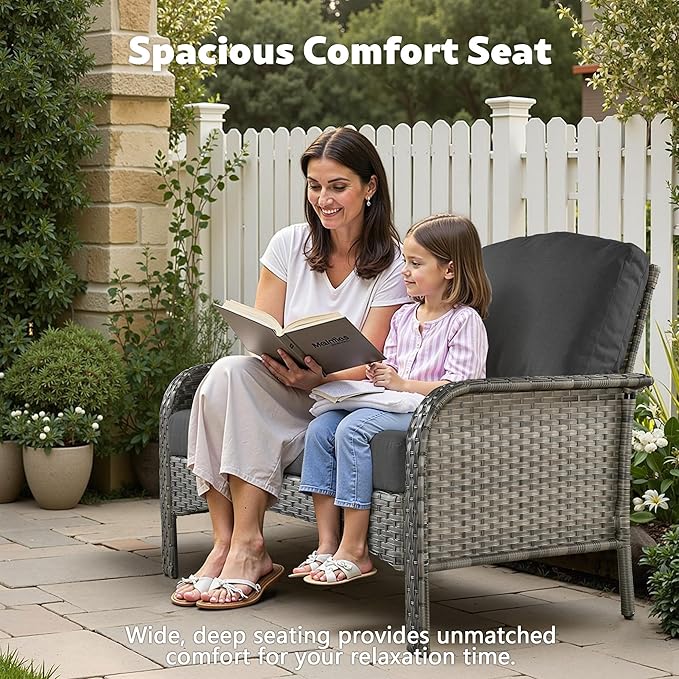 CAODOC 4-Piece Wicker Patio Furniture Set, All-Weather Rattan Conversation Bistro Loveseat Chair and Table Set for Backyard, Balcony and Deck with Soft Cushions and Metal Table(Black)