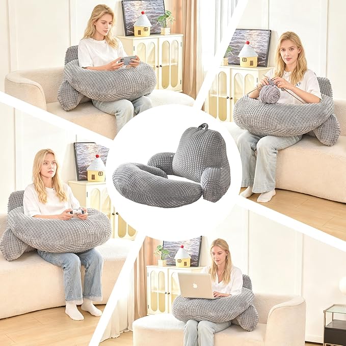 PAJEO Reading Pillow for Bed,U Shaped & Back Support Pillow for Bed,17" Backrest with Lumbar & Arm Support,Comfy Flannel Fabric,Lap Pillow for Gaming/Reading/Watching TV,Gray