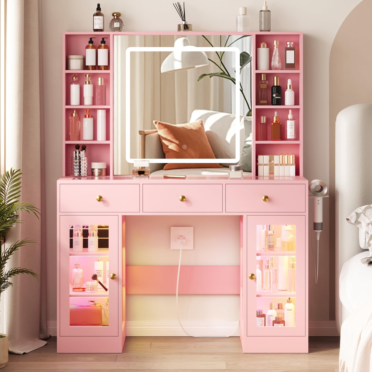 Pink Vanity Desk with Mirror and Lights, 43.4" Makeup Vanity Table Set with Lighted Mirror & RGB Glass Cabinet, 3 Drawers, Glass Top Dressing Table with Large Shelves for Girls, 3 Color Modes