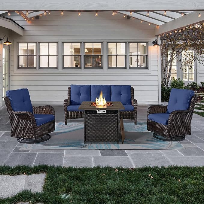 Belord Outdoor Patio Furniture Set with 50000BTU Propane Fire Pit Table, 4 Pieces Wicker Patio Conversation Set with 2 Swivel Rocker Glider Chairs Rattan Sofa Blue Cushion Perfect for Gathering
