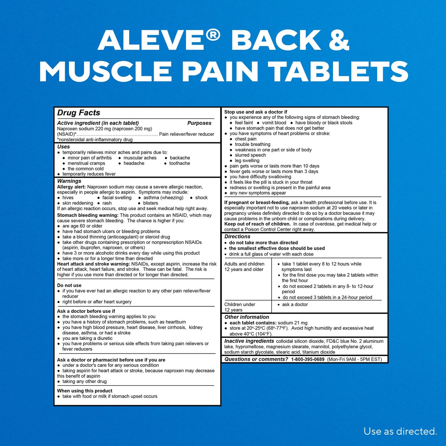 Aleve Back & Muscle Pain Relief Naproxen Sodium Tablets, Pain Reliever & Fever Reducer, Medicine for Body , 250 Count
