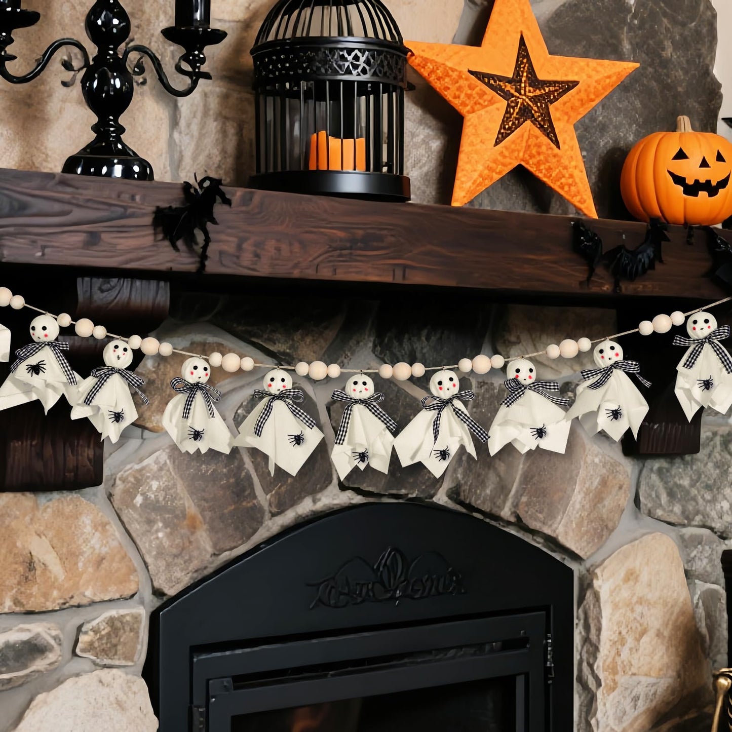 Vellibring 8.2Ft Halloween Ghost Garlands Decorations,Cute Fabric Ghost Banner with Wooden Beads Halloween Rustic Hanging Ghost Garlands for Room Indoor Party Wall Fireplace Doorway Decor