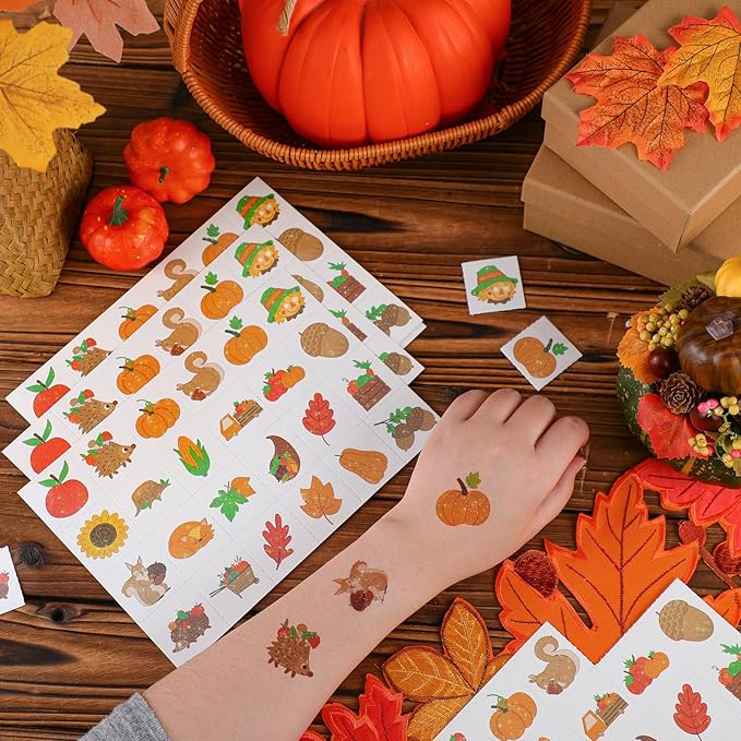 Landhoow 240 Pcs Thanksgiving Tattoos Temporary Autumn Glitter Face Tattoos Cool Body Sticker Costume Accessory Tattoo Party Favor