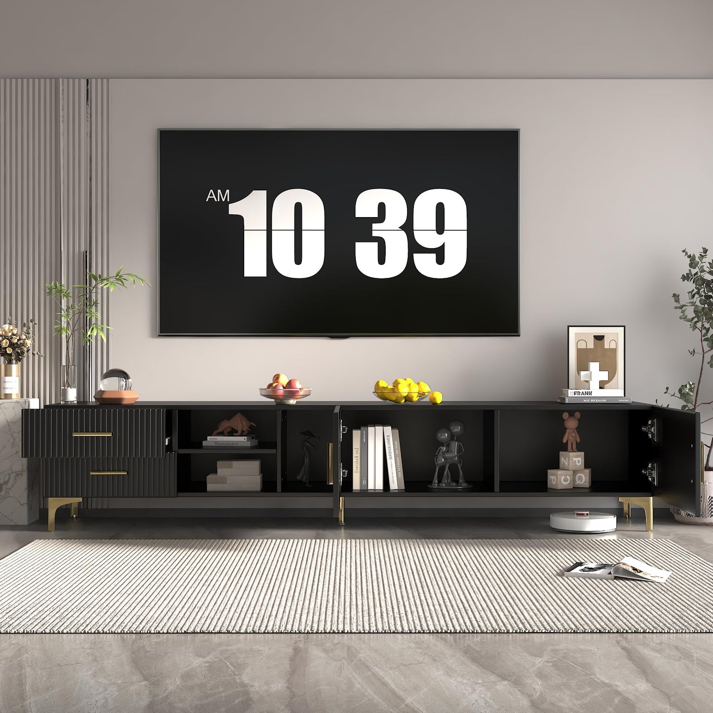 NKISHECK 70" Fluted TV Stand for TVs Up to 80", Modern Entertainment Center with Storage, Media Console for Living Room Bedroom, TV Console（Black）