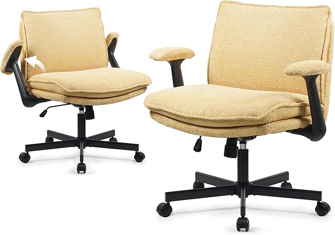 Kassipo Criss Cross Legged Office Chair with Wheels and Flip-Up Arms, Upholstered Criss Cross Desk Chair, Wide Seat Chairs for Home Office, Vanity, Apartment, Yellow