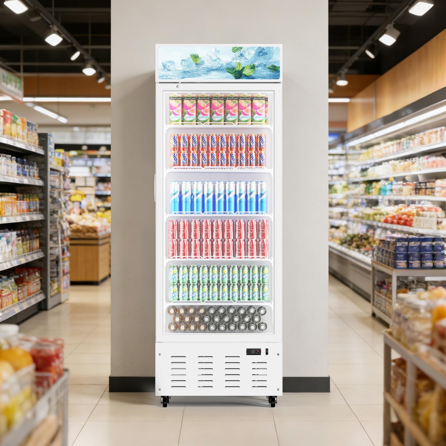 Frostvale 15 Cu.Ft Commercial Display Refrigerator, White Single Glass Door Beverage Cooler with Lighted Header, ETL Upright Merchandiser Fridge for Drinks, Soda, Beer, Cafe, Store, Bar