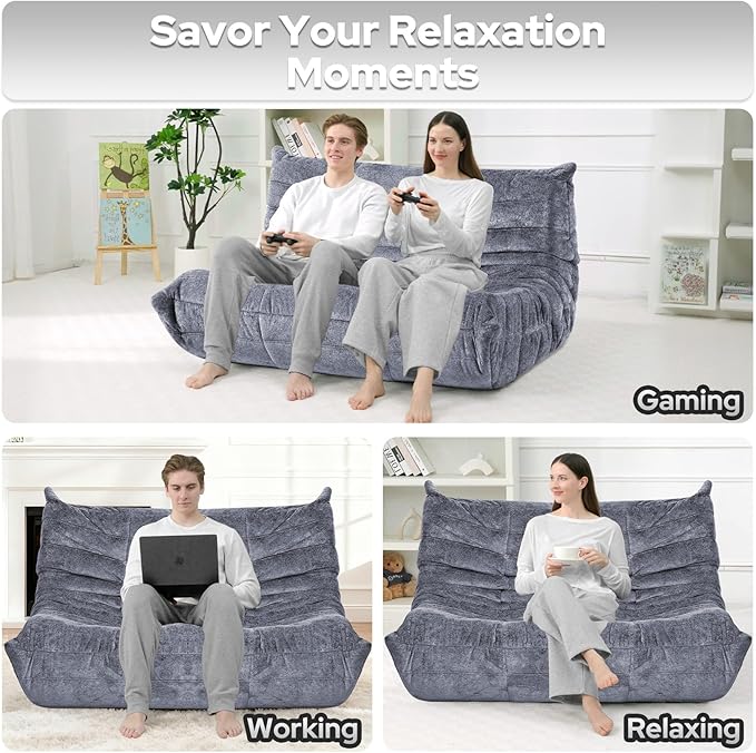 HABUTWAY Bean Bag Chair, Giant Bean Bag Chairs for Adults, Loveseat Fireside Chair, 2 Seater Lazy Bean Bag Sofa Memory Foam Couch for Living Room, Bedroom, Office (Grey)