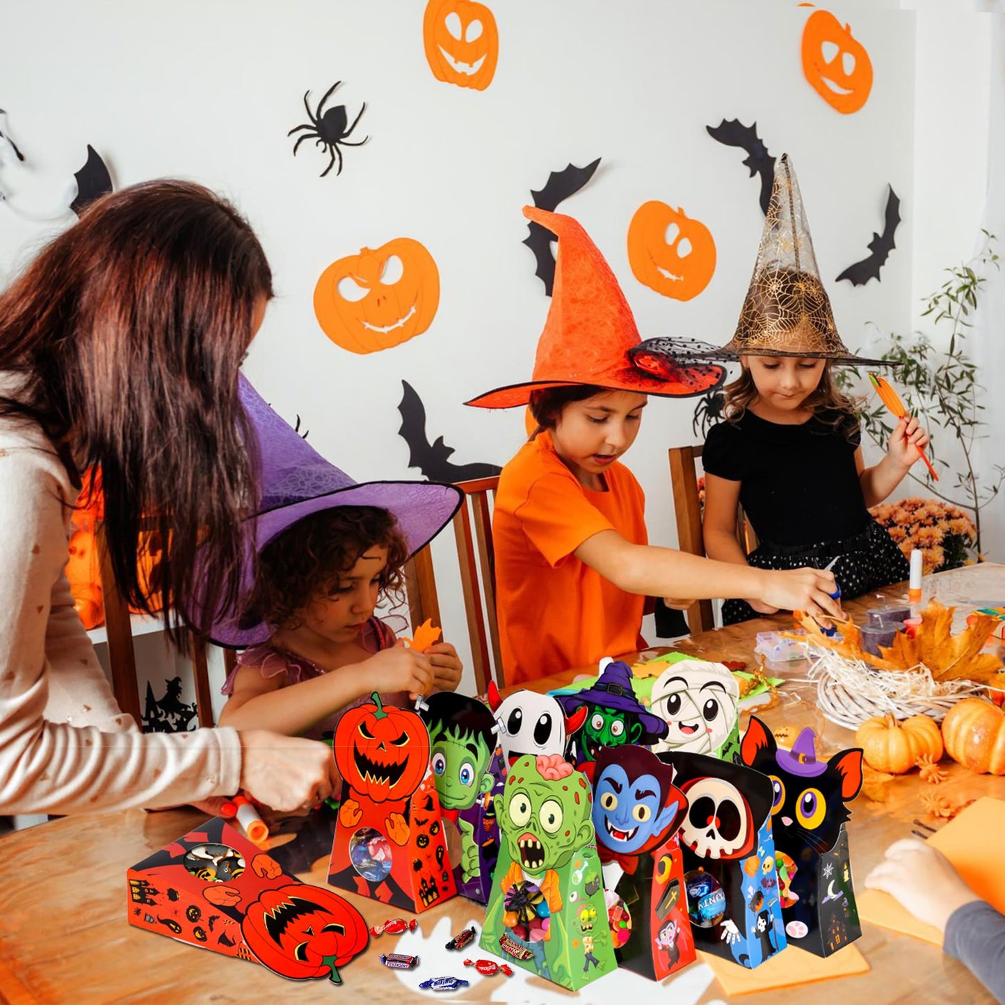 Giiffu 54 PCS Halloween Treat Boxes, Candy Goodie Bags with Window - 9 Designs for Kids Party Favors, Classroom Exchange, Trick or Treat Supplies