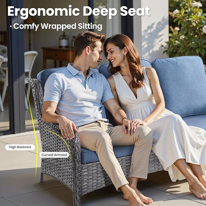 ovios 9 Pieces Patio Furniture Set, Outdoor Wicker Sofa Couch with Swivel Chairs Ottomans Comfy Cushions, High Back Modern All Weather Conversation Sets, Grey Rattan, Denim Blue