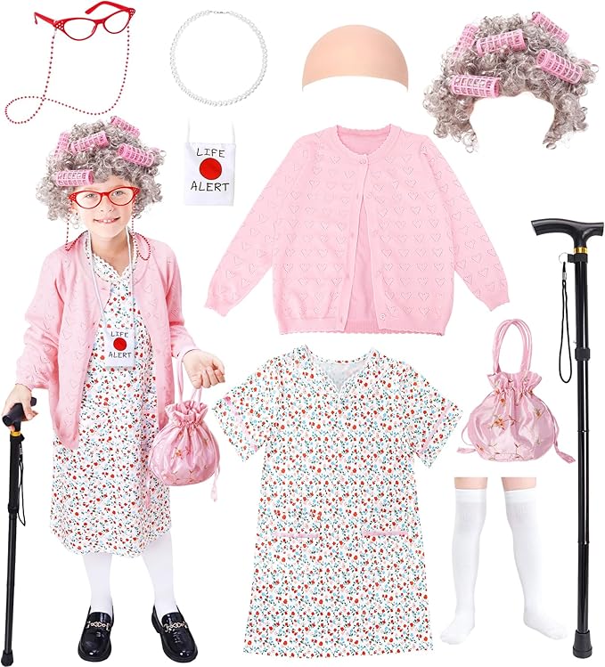 Boutrele 11 Pcs Old Lady Costume for Kids,100 Days of School Costume Girls,Granny Grandma Costumes Kids Accessories