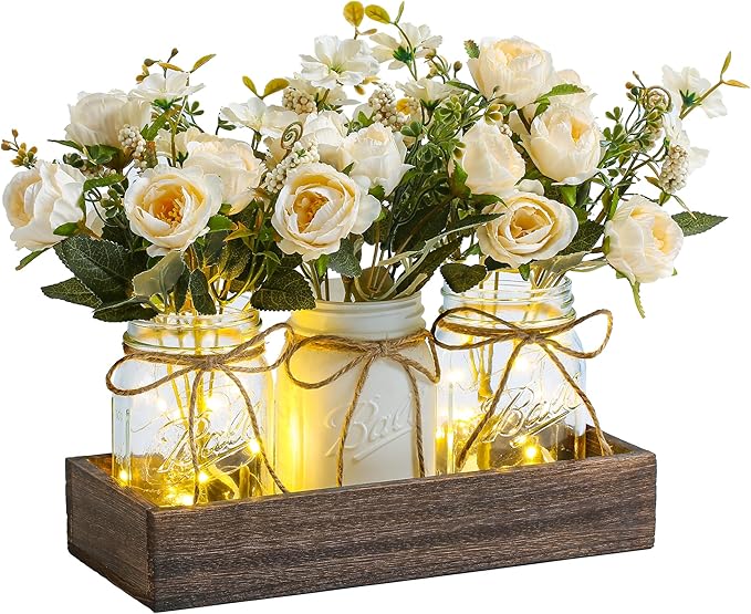 DUOER 3 Pcs Mason Jar Centerpiece Table Decorations for Dining Table Decor Farmhouse Coffee Table Decor with Wood Tray and...