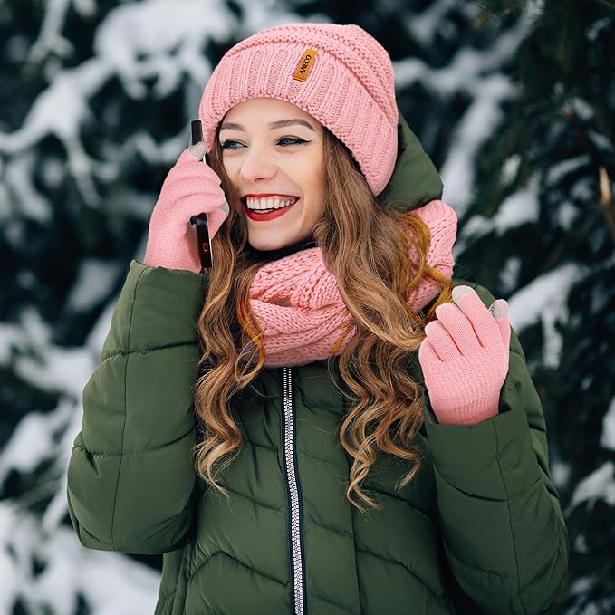 Aneco Winter Warm Sets Knitted Scarf Beanie Hat Winter Ear Warmer and Touch Screen Gloves for Men or Women