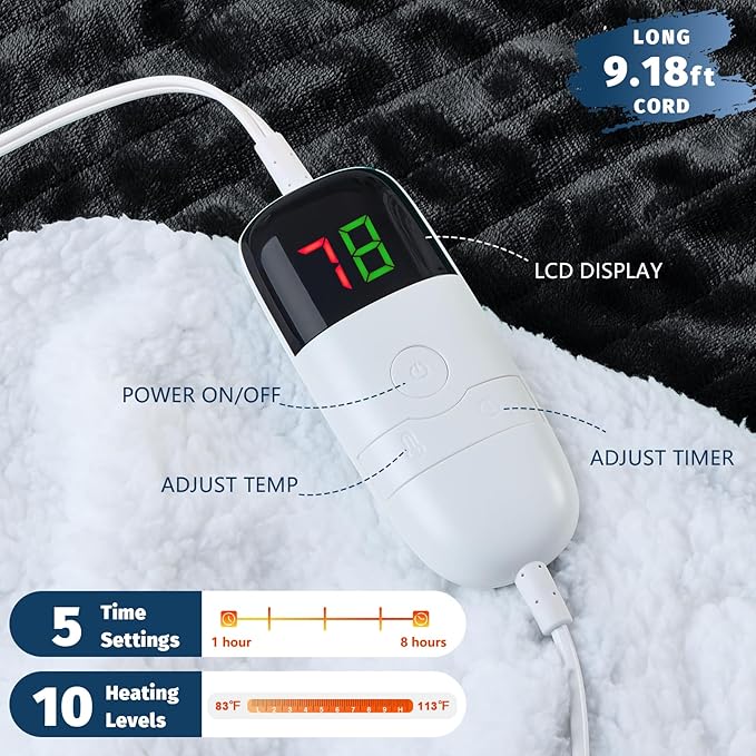 BOMOVA Heated Electric Blanket Full Size - 72" x 84" Heating Blanket with 10 Heating Levels & 8 Hours Auto Off, Warm Flannel Blanket, Christmas Birthday Gifts for Women