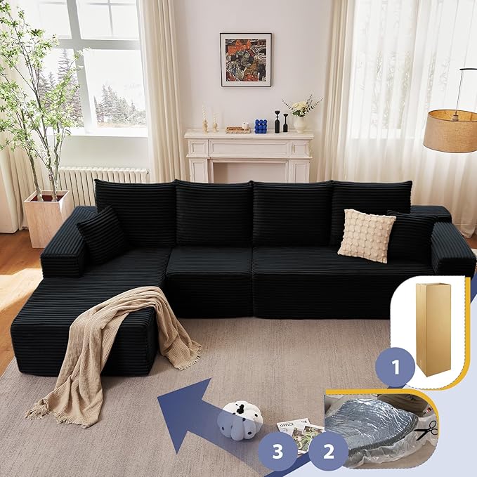 135.4" Cloud Sectional Couch with L-Shape Chaise, Modern Corduroy Boneless Couch for Living Room,Memory Foam Sofa with Deep Seat,No Assembly Required (Black,Left-Facing Chaise)