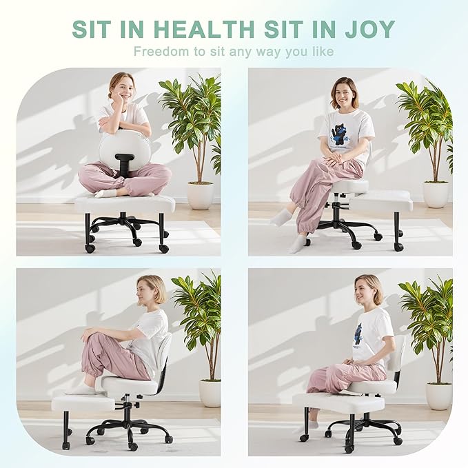 GUNJI Ergonomic Criss Cross Legged Office Chair, 360° Swivel Meditation Kneeling Chair with Wheels, ADHD Chair with Footrest, Lumbar Support, Wider Height Adjustable Seat (Faux Leather, White)