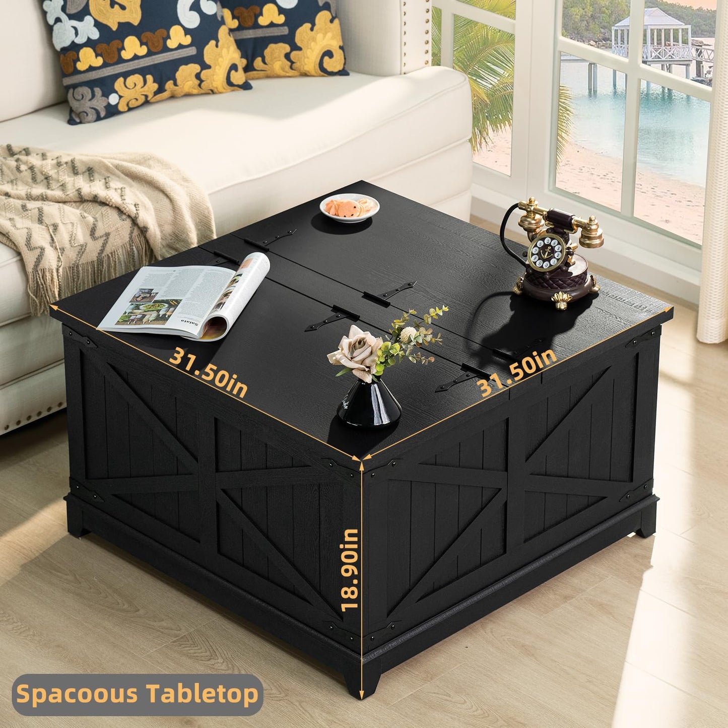 Joaxswe Farmhouse Coffee Table with Hidden Storage Organizer, Black Square Large Center Table, Wood Farm House Low Modern Living Room Tables with Hinged Lift Top for Home, Office