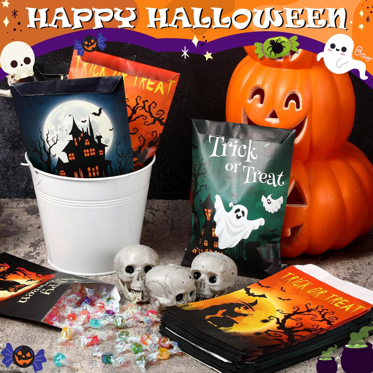 Nezyo 120 Pcs Halloween Treat Bags Halloween Paper Gift Bags Ghost Pumpkin Spider Candy Goody Pouches for Scary Holiday Party Chocolate Cookies Goodies Wrapping Supplies Decoration