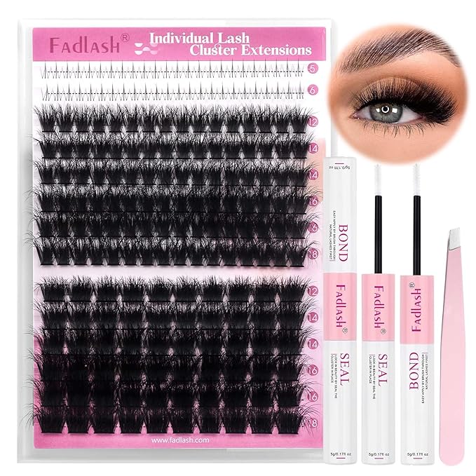 FADLASH Eyelash Extension Kit 100D+200D Lash Clusters with Bottom Lashes DIY Lash Extension Kit Cluster Lashes with Lash Bond and Seal Lash Tweezers Individual Lashes (KIT, 100D+200D-3D-12-18mm)