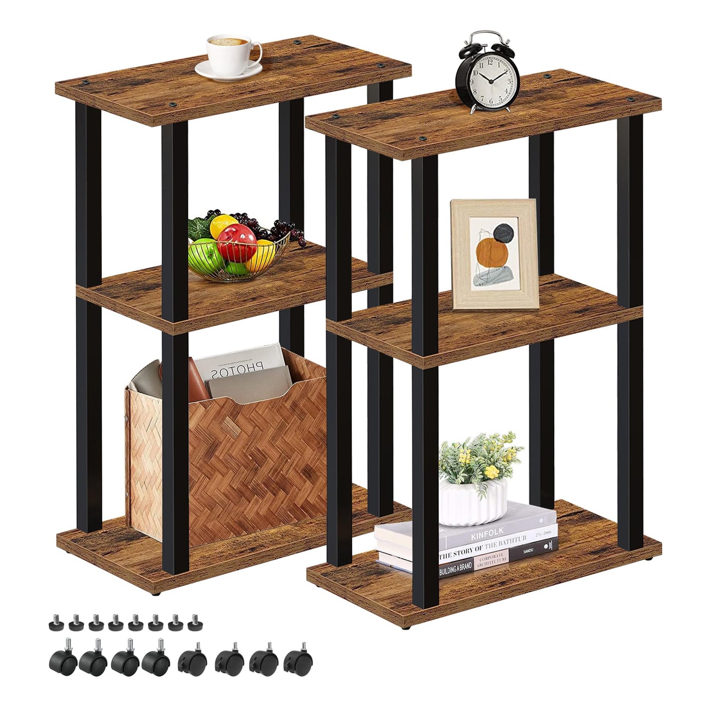 TUTOTAK Small Side Table, Narrow End Table, Bedside Table, Set of 2, Couch Side Table with Wheels for Living Room or Bedroom, Brown V1TB01BB0612EU