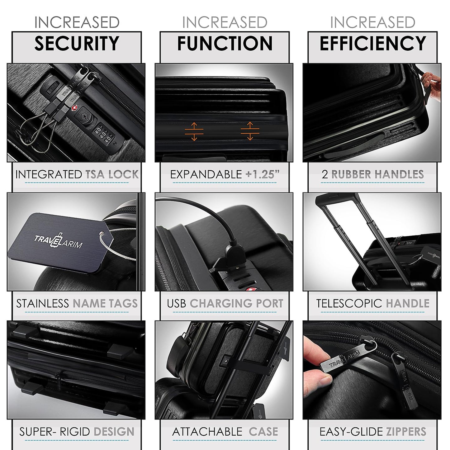 TRAVELARIM Hard Shell Luggage Sets with Spinner Wheels 4 Piece, Expandable Large Suitcases with TSA Lock, Travel Large Suitcase Set, Black Luggage Set
