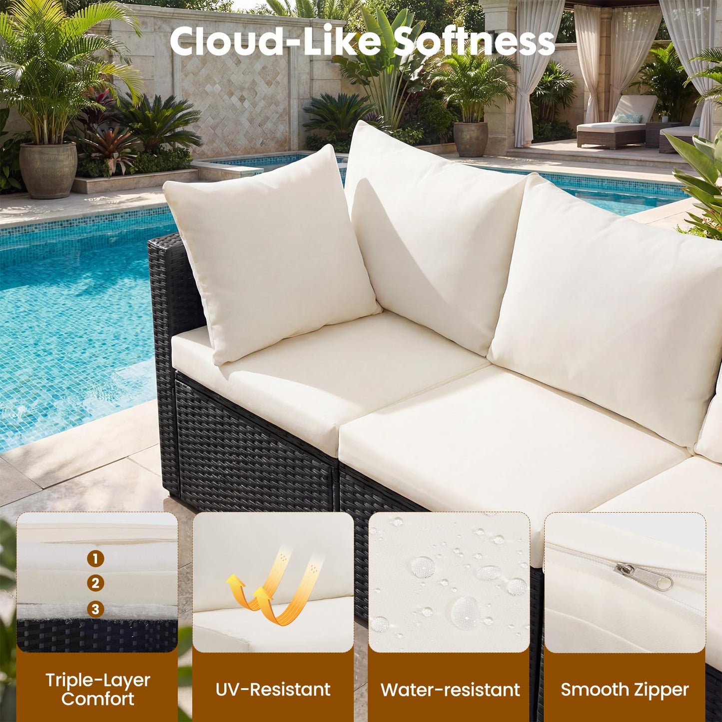 DUMOS 7 Piece Outdoor Patio Sectional Sofa, Modular Wicker Furniture Set with 2.8" Thick Cushions, Adjustable Feet, Weather-Resistant Rattan Outdoor Couch for Backyard, Deck, Garden, Poolside, Black