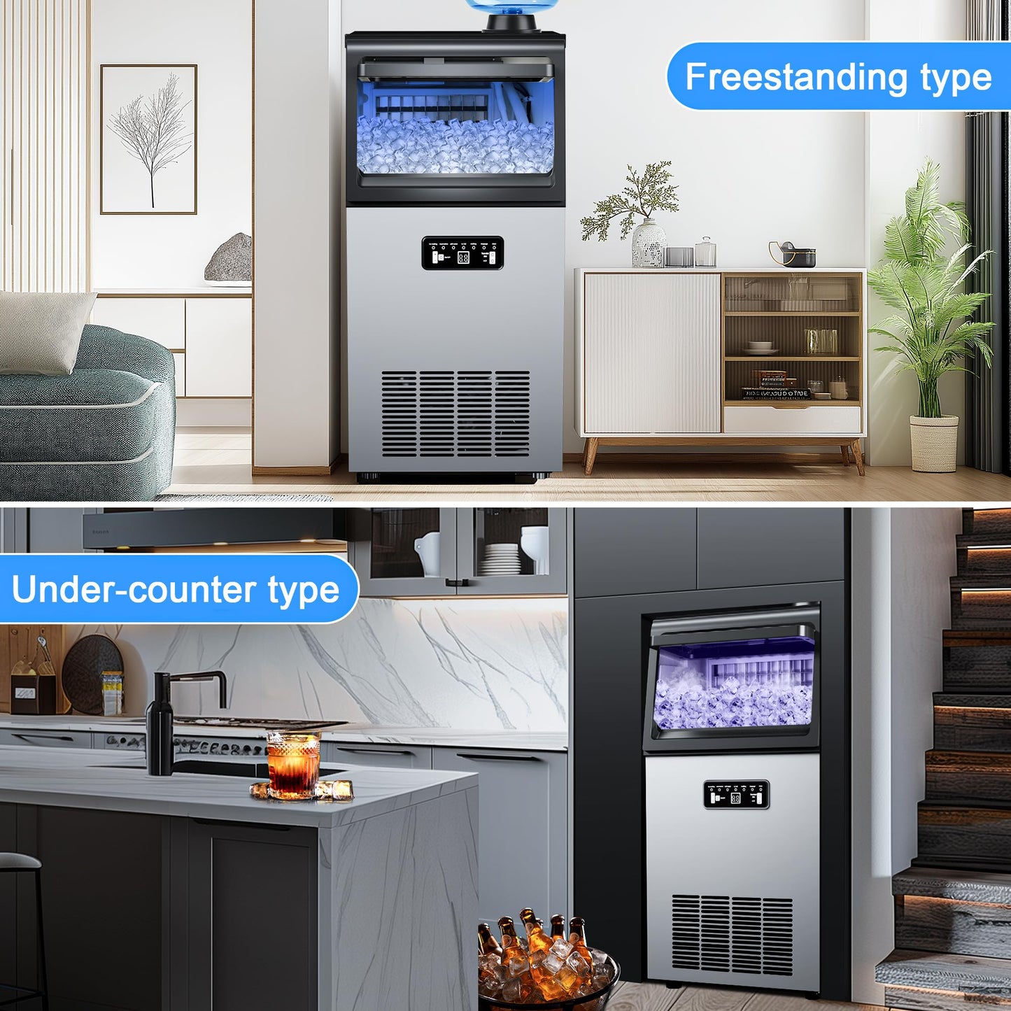 Ice Machine Commercial Ice Maker Machine 120lbs/24H with 22lbs Storage, Stainless Steel Freestanding Ice Machine 40Ice/Cycle 2 Water Inlet Modes, Self-Cleaning Function for Homes Bars Restaurants