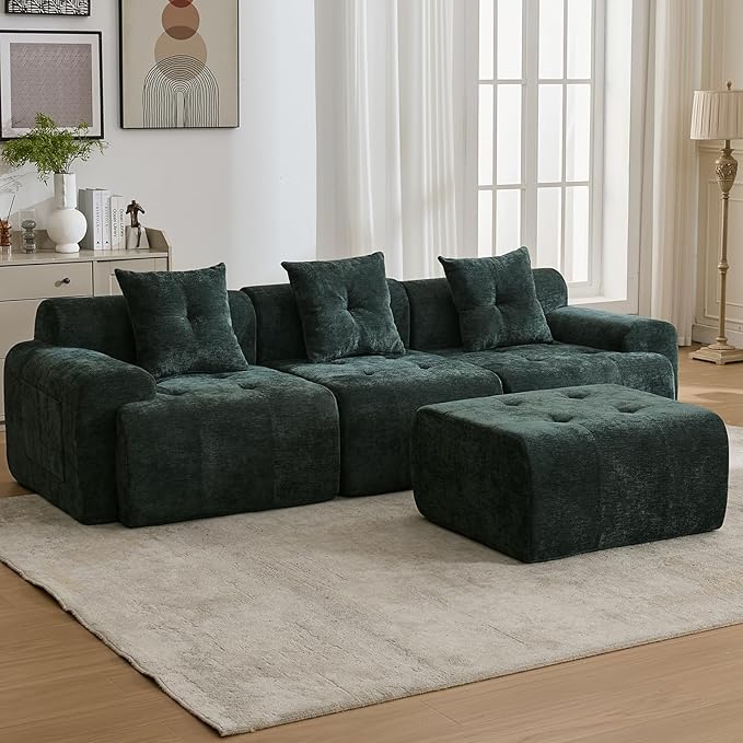 YAAREE 101.65” Modular Sectional Couch for Living Room, Modren L-Shape Cloud Sectional 3-Seater Sofa with Movable Ottoman, Woven Texture Upholstery Boneless Couch, No Assembly, Green