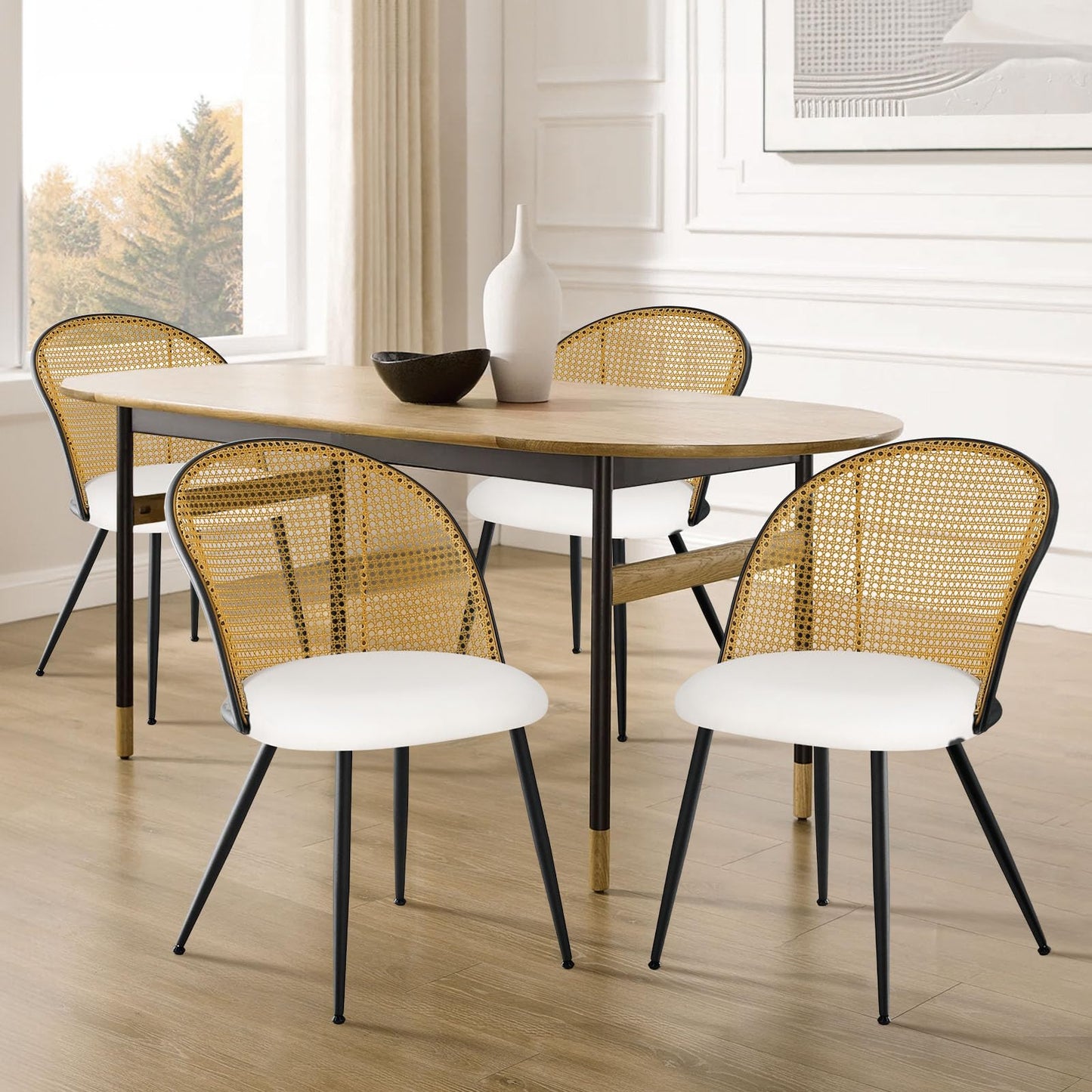 Bekrvio Dining Chairs Set of 4, Mid Century Modern Dining Room Chairs with Full Rattan Back, Faux Leather Kitchen Dining Chairs Farmhouse Armless Mesh Cane Back Side Chairs with Metal Legs, White