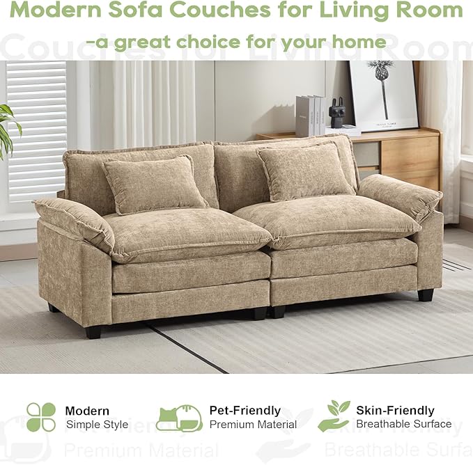 Oprisen 86" Modular Sectional Sofa, Comfy Cloud Couch Sectional Sofa, Chenille Sofa Sleeper Deep Seat Sofa with Throw Pillows for Living Room (Khaki, 86"- Loveseat)