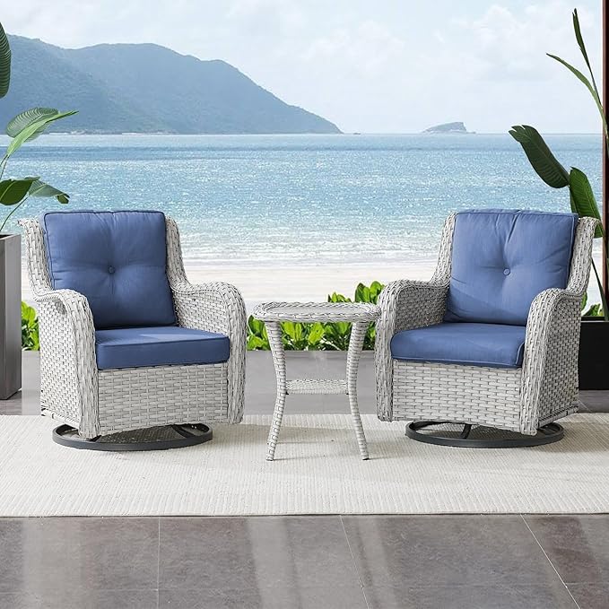 Belord Outdoor Swivel Rocker Patio Chairs Set of 3,High Back Swivel Patio Chairs Wicker Furniture Set,2 PCS Rattan Swivel Rocking Chair with Side Table,Light Grey Wicker (A089-2)