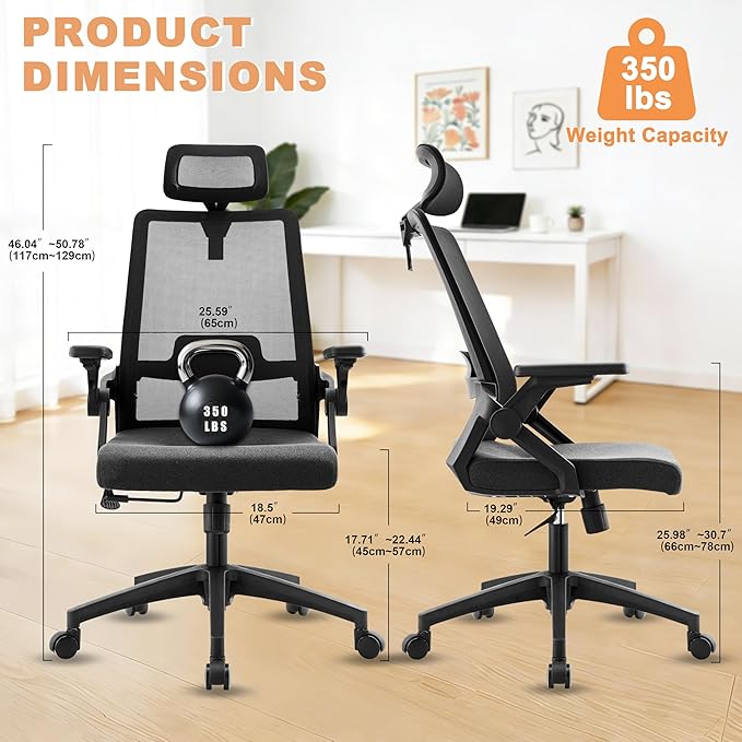 Msdizuo Office Chair Ergonomic Desk Chair, 350LBS Capacity, High Back Computer Chair for Long Hours Comfortable, Rolling Swivel Executive Task Chair for Home Office with Flip-up Armrests,（mesh,Black）