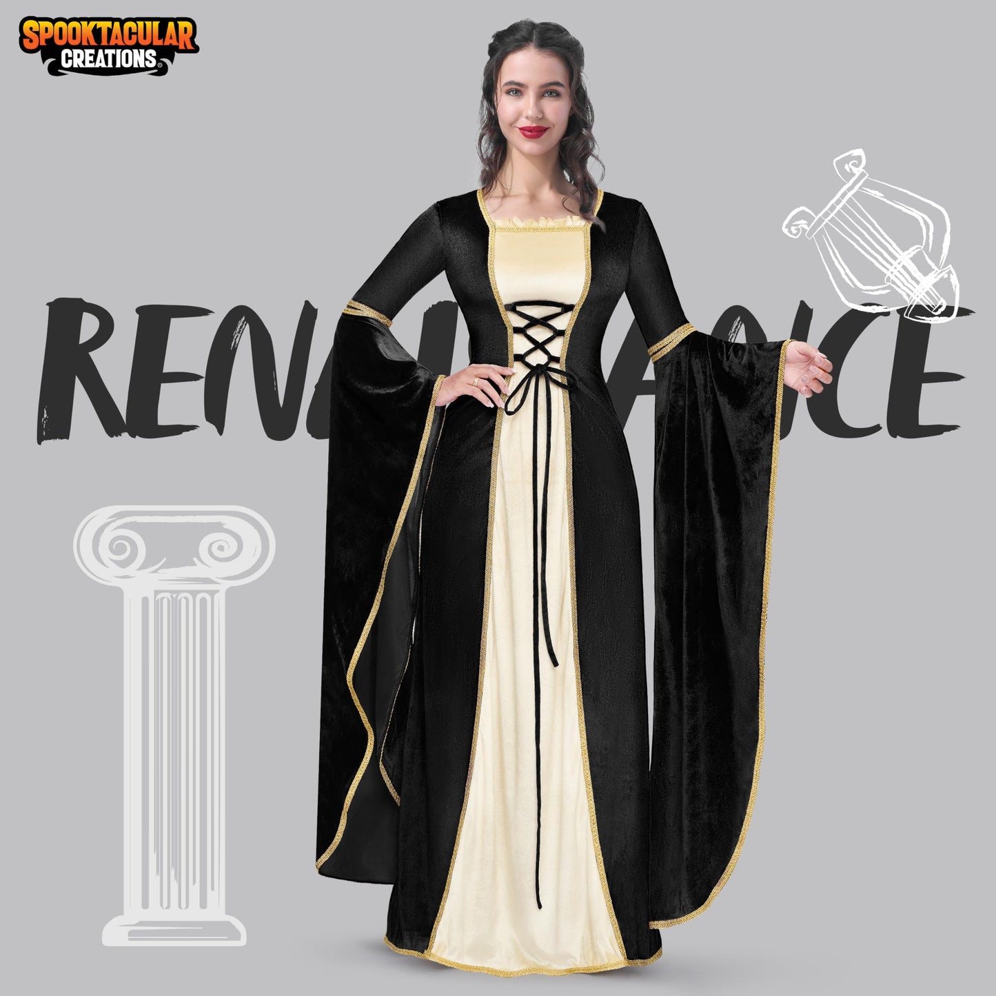 Spooktacular Creations Renaissance Costume Women, Black Velvet Medieval Dress for Women, Irish Fairy Renaissance Dress with Decorated Lace for Wedding, Halloween Cosplay Themed Party (Medium)