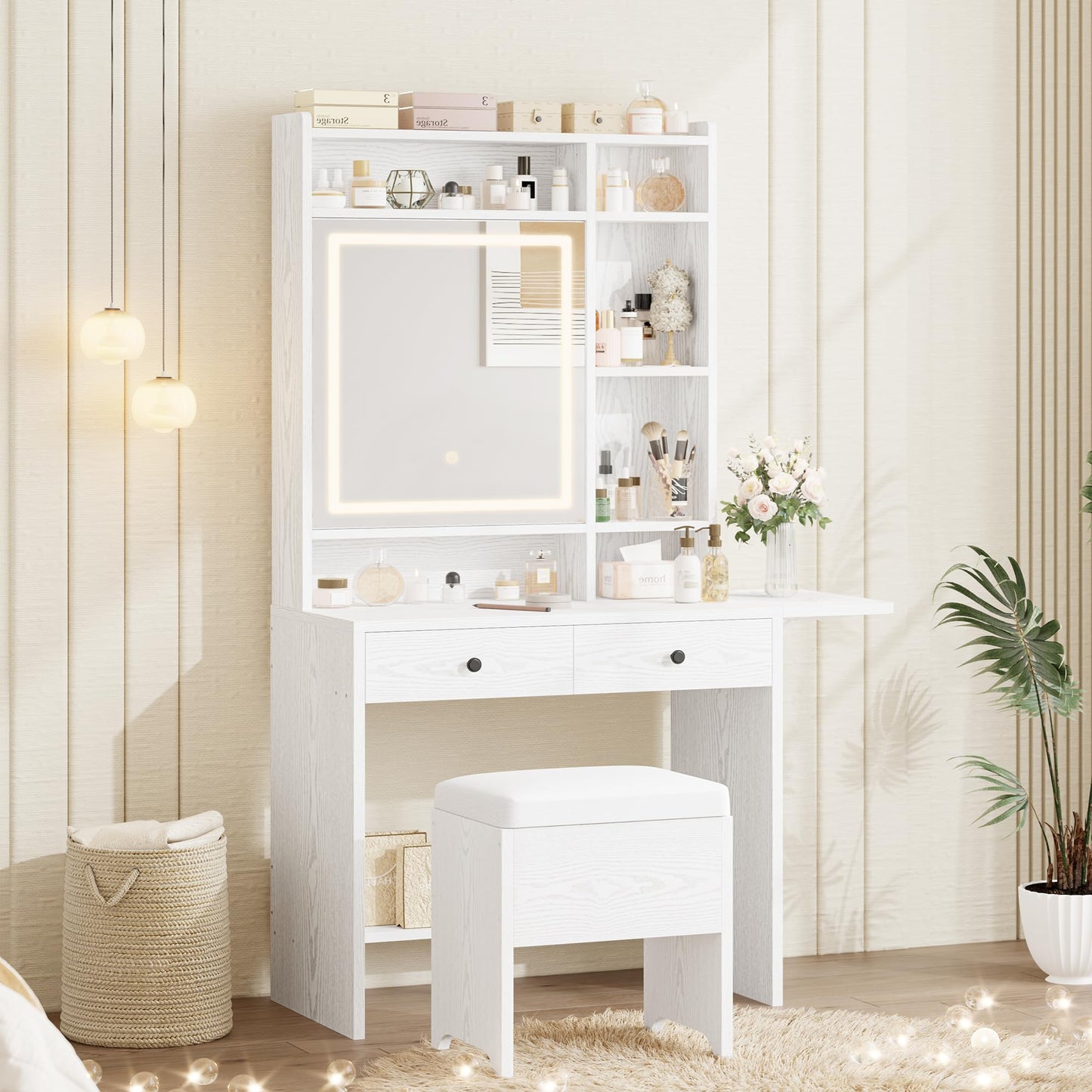 IRONCK Vanity Desk with Mirror and LED Lights, Jewelry Cabinet, Makeup Dressing Table Set with Drawers, Storage Shelves, for Bedroom, 65.3 H White