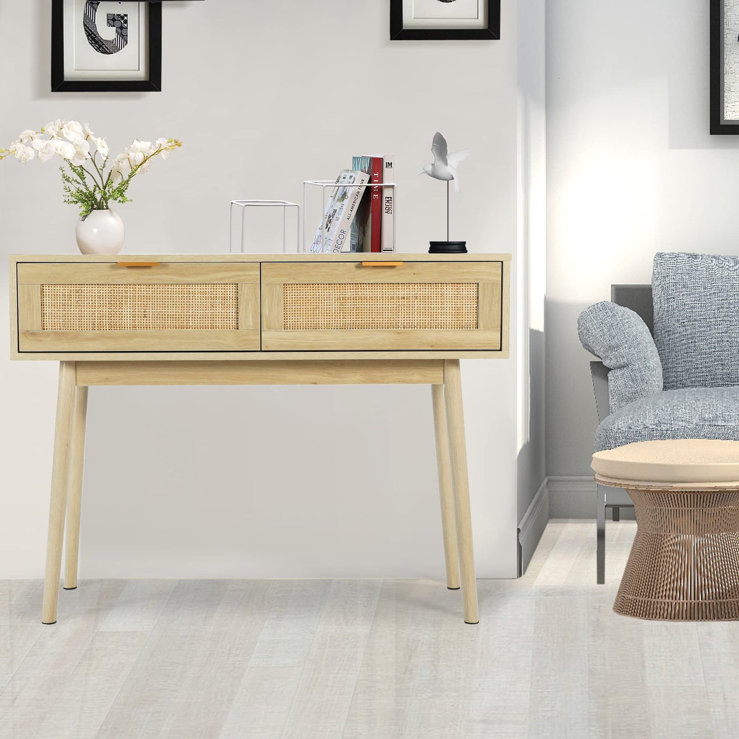 HOPUBUY Console Table Rattan Desk with Drawers, Oak Narrow Sofa Table with Pine Leg, Modern Small Entryway Table for Hallway and Living Room, 39" Rustic Natural