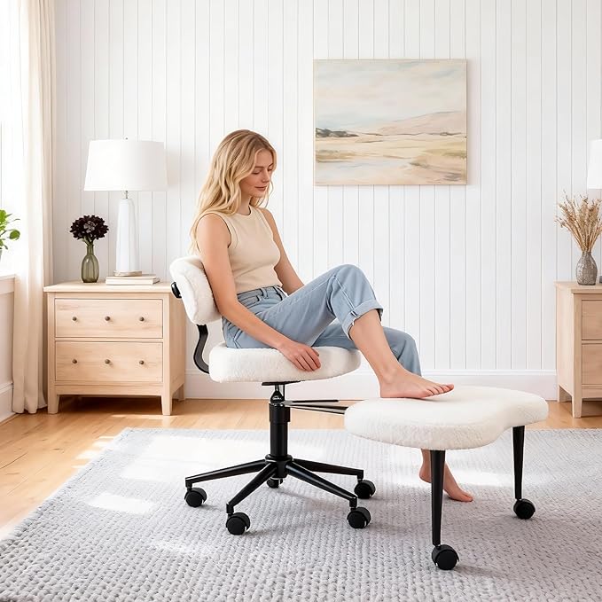 DUMOS Ergonomic ADHD Cross Legged Office Desk Chair with Adjustable Backrest, Height Adjustbale Meditation Chair with 360° Swivel Footstool, Teddy Fabric Yoga Stool for Home Office, White