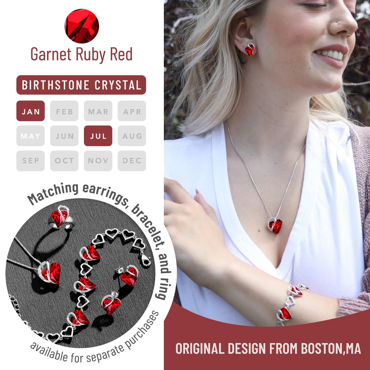 Leafael Necklaces for Women, Infinity Love Birthstone Heart Pendant with Ruby Garnet Red Crystal for January July, Birthday Jewelry Gifts for Her, Mom, and Wife, Silver Plated, 18" + 2" Chain