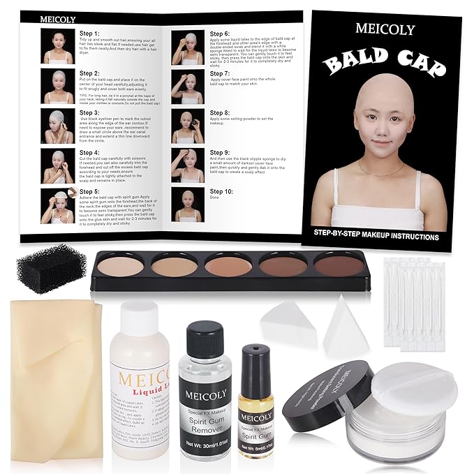MEICOLY Bald Cap Kit for Women and Men,All-in-One Bald Cap Costume Set for Halloween SFX Makeup,Cosplay,Performance Stage,Theatre,Film,Spirit Gum and Remover Kit,Setting Powder,Liquid Latex,10PCS