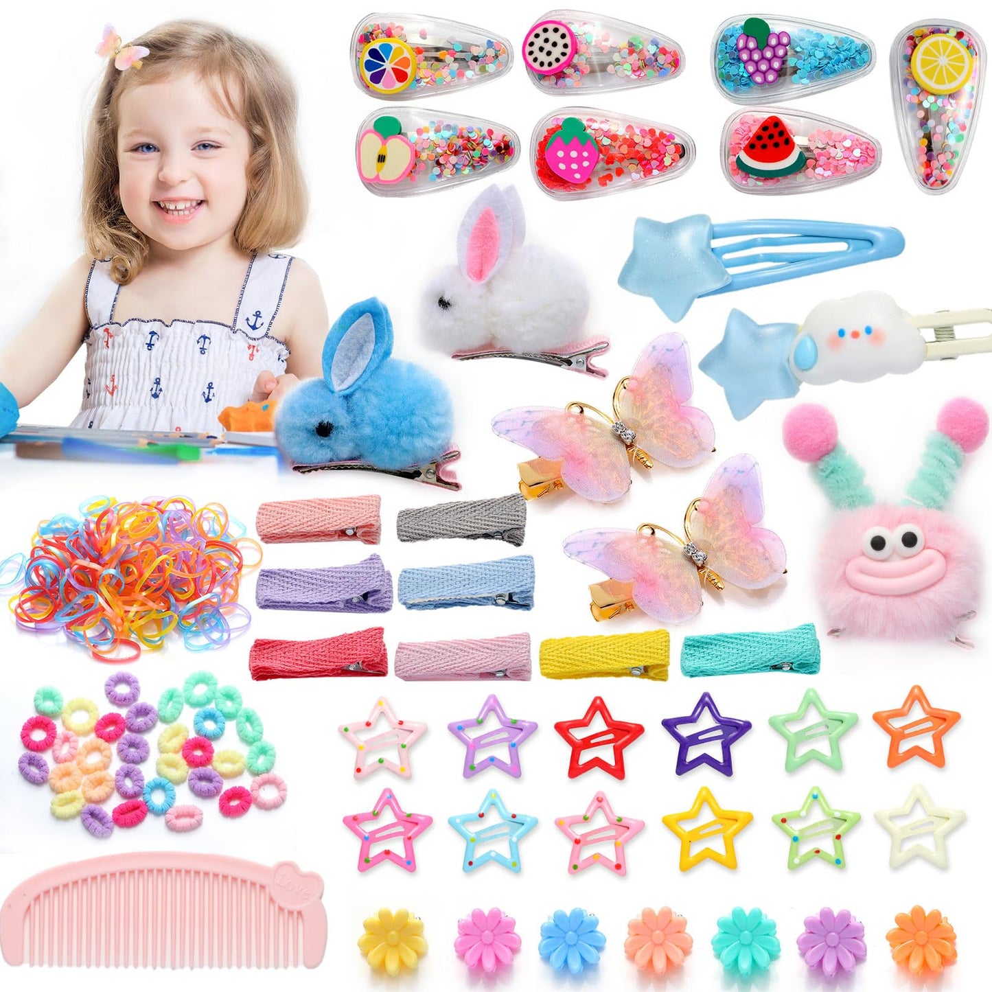 Cute Girl Hair Accessories Set，Toddlers Butterfly Rabbit Sparkle Fruit Star Hair Clip, Flower Small Grab Clip Colorful Rubber Bands and Cotton Baby Elastic Hair Ties