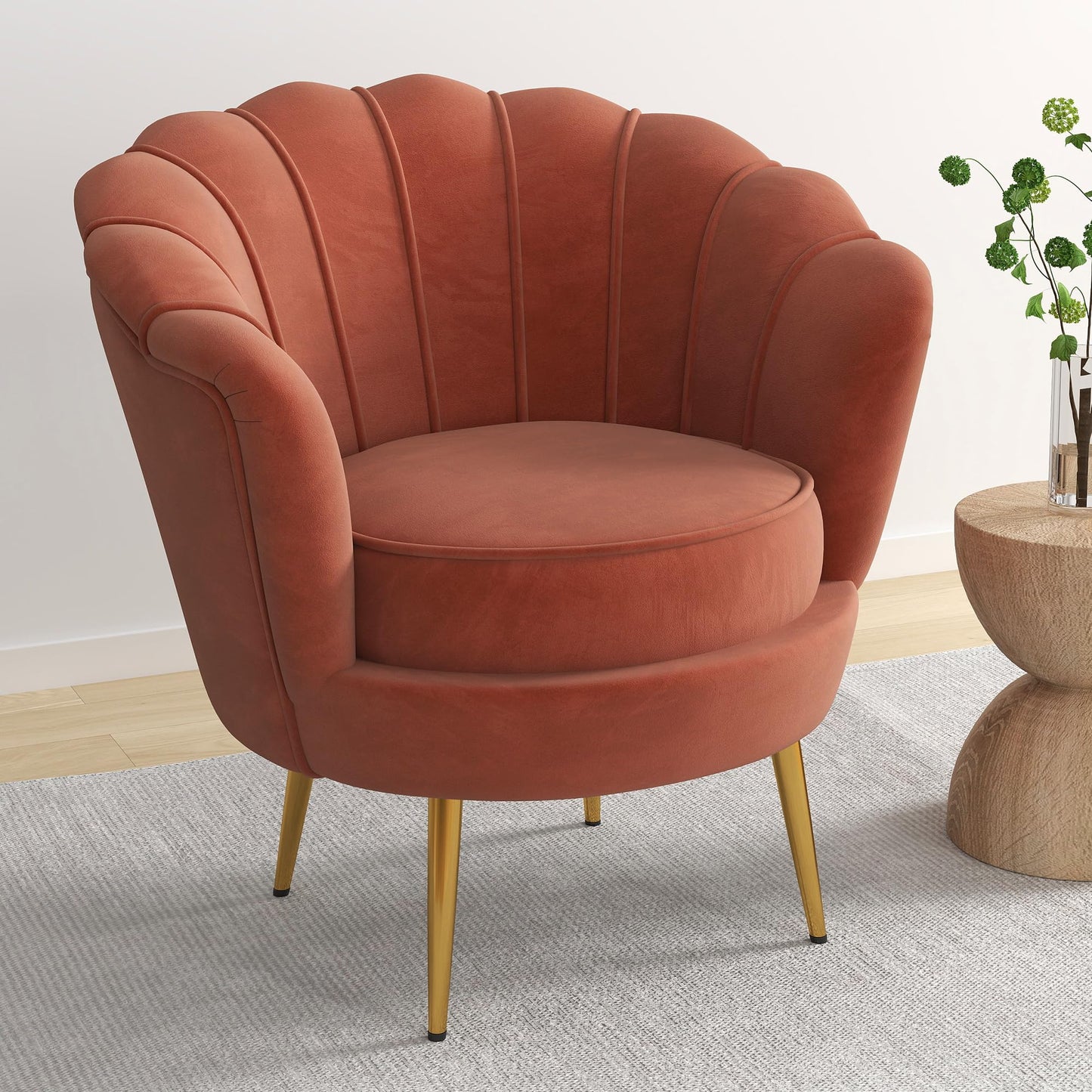 DAGONHIL Mid Century Modern Upholstered Accent Chair,Petal Vanity Chair,Retro Leisure Velvet Single Sofa with Golden Metal Legs for Living Room/Bedroom/Makeup Room, Rose Pink