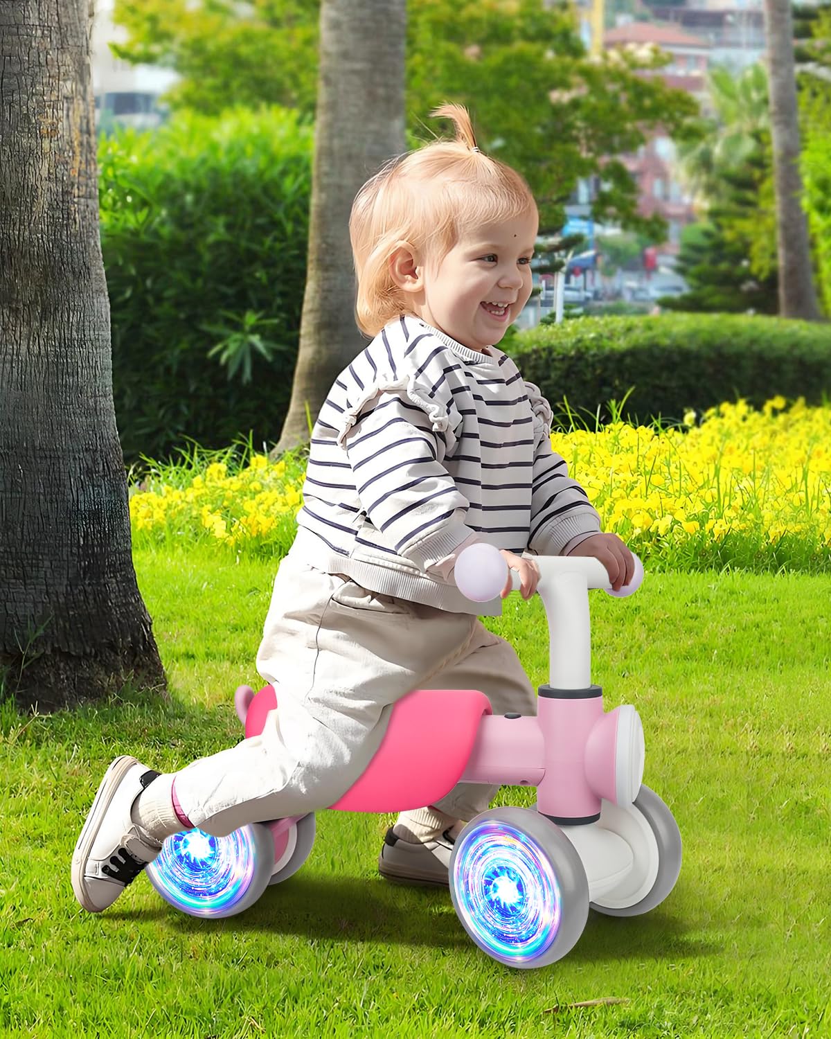 Colorful Lighting Baby Balance Bike for 1 Year Old Girls, Toddler Toys for 1 Year Old Girls Gifts, First Bike with Music and Soft Seat, 12-24 Month Toddler Balance Bike, First Birthday Gifts