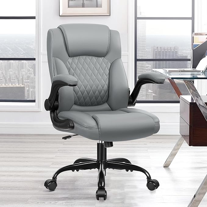 HeroSet Leather Office Chair, Ergonomic Home Office Desk Chair with Adjustable Flip-Up Arms and Lumber Support, Computer C...