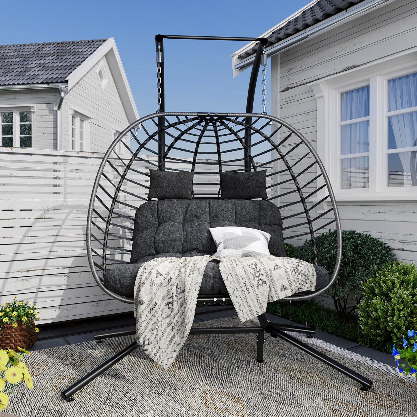 SWITTE Double Egg Swing Chair with Stand, Outdoor Patio 2 Person Hanging Wicker Hammock Chairs with Cushion for Indoor Bedroom, Lawn, Garden-Dark Grey