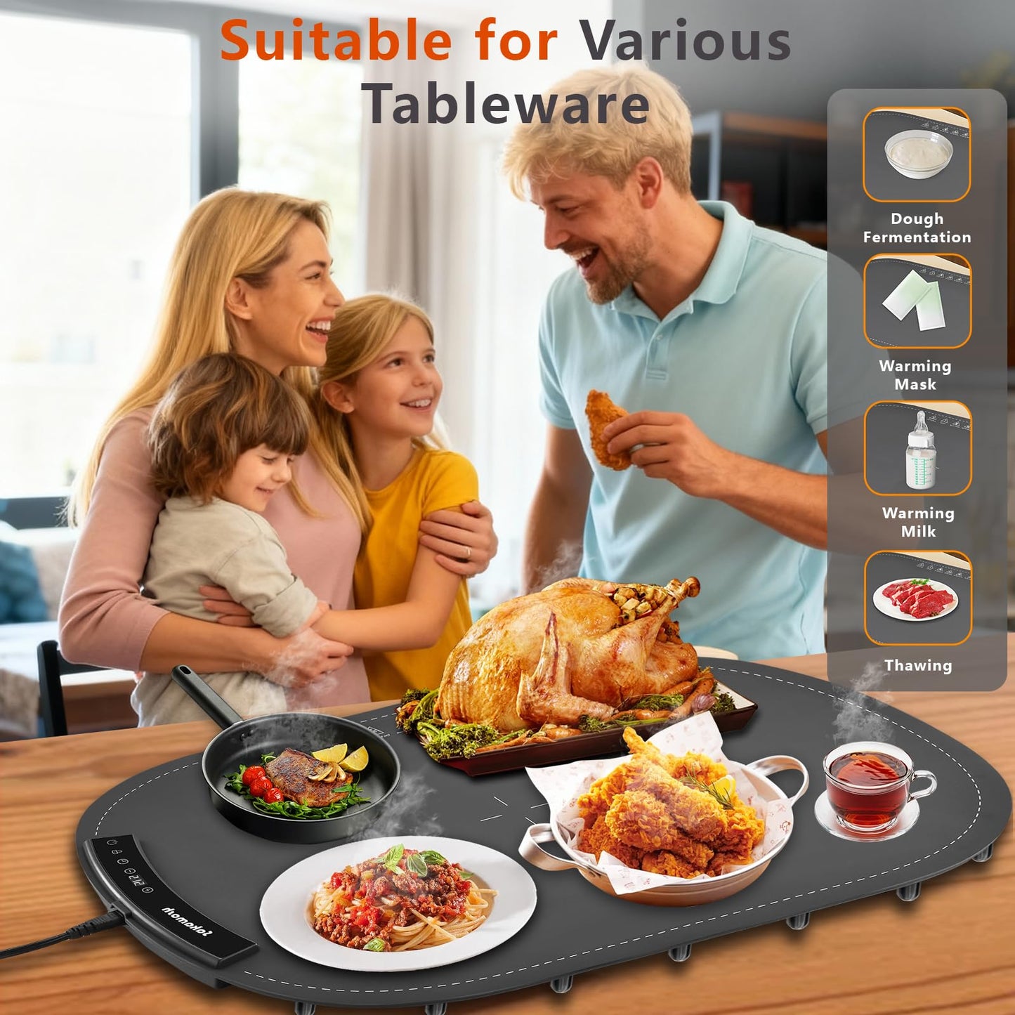 Electric Warming Mat for Food, 23"*16" Warming Tray with 7 Adjustable Temp, 10s Fast Heating, 4 Timer Settings, Child Lock, Portable Silicone Food Warmer for Gatherings, Parties, Home Daily Use, Grey