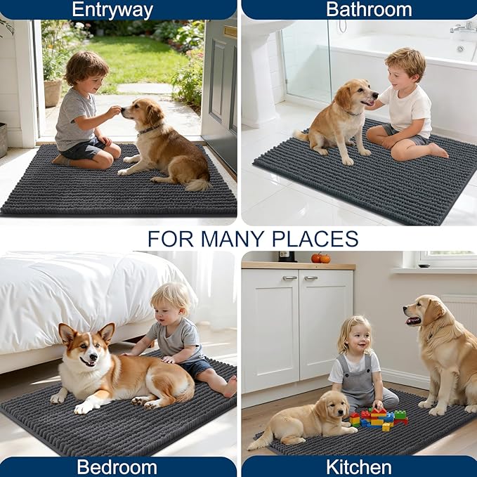 OLANLY Dog Door Mat for Muddy Paws 70x24, Ultra Absorbent Chenille Mud Doormat, Non-Slip Washable and Dirt Trapping Doormat for Indoor Entryway, Quick-Dry Indoor Pet Bed Mats for Dogs, Dark Grey
