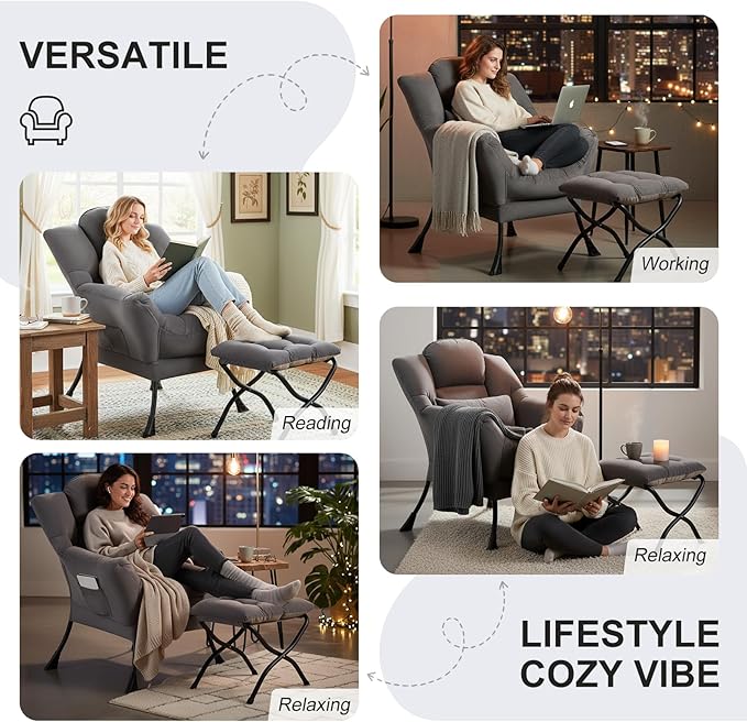Furlide Lazy Chair with Ottoman, Comfy Fabric Accent Lounge Arm Chair with Lumbar Pillow and Folding Footrest, Reading Leisure Sofa Armchair for Bedroom, Living Room, Dorm,Dark Grey