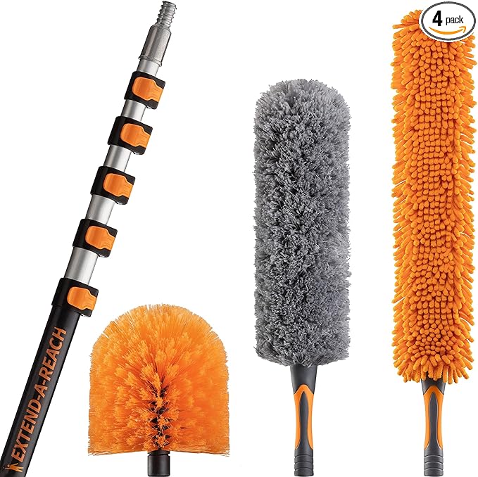 30 Foot High Reach Duster Kit with 5-24 ft Extension Pole // High Ceiling Duster Cleaning Kit with Telescopic Pole // Cobweb Duster // Feather Duster and Ceiling Fan Duster // The Ultimate Dusting Kit