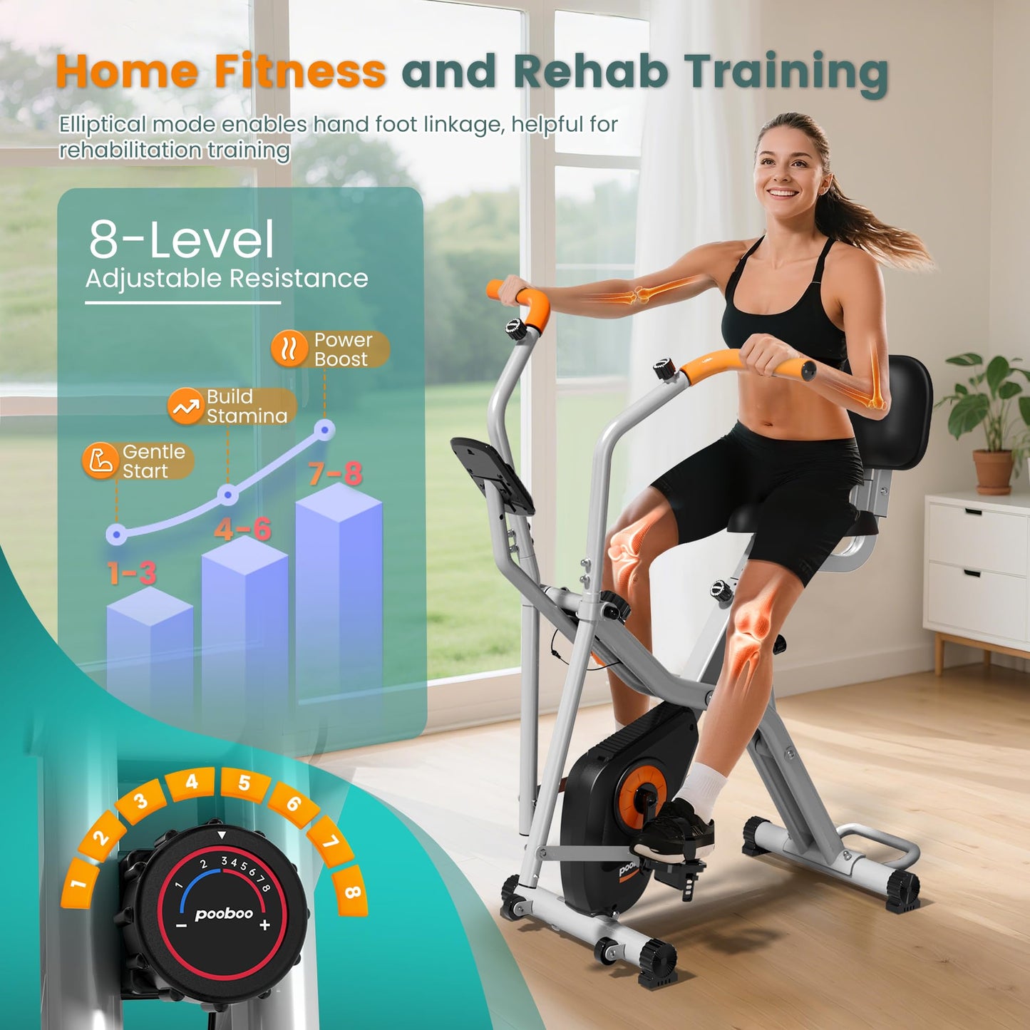 Pooboo Foldable 2-in-1 Exercise Bike, Elliptical & Stationary Cycling Mode, 8-Level Magnetic Resistance, Silent Indoor Fitness Bike for Home & Rehab, Adjustable Seat & Handrail, LCD Monitor, 300LBS Weight Capacity, Silver Black