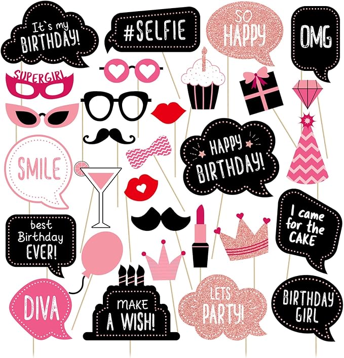 Birthday Photo Booth Props Kit - Happy Birthday Party Favors Supplies Bday Party Decoration Set with Real Glitter Cute Bda...