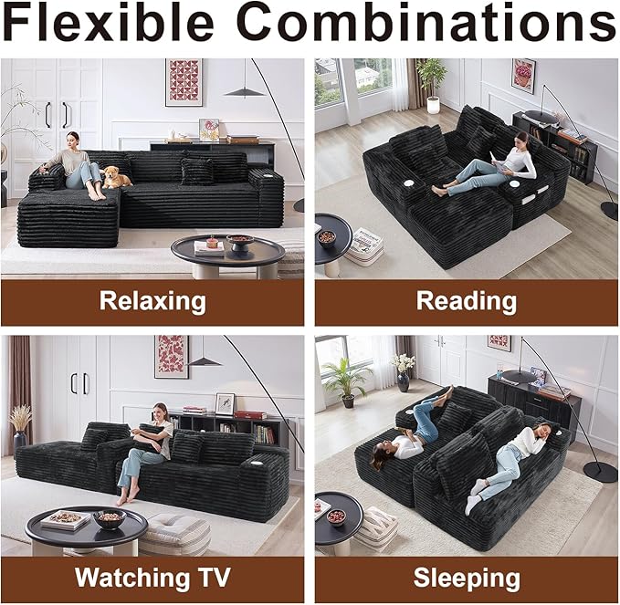 Cloud Sectional Couch with L-Shape Chaise, Modern Modular Sofa with Deep Seat, Built-in Cup Holder & Storage Pocket for Living Room Bedroom, No Assembly Required (Black Grey, Right Sitting Chaise)