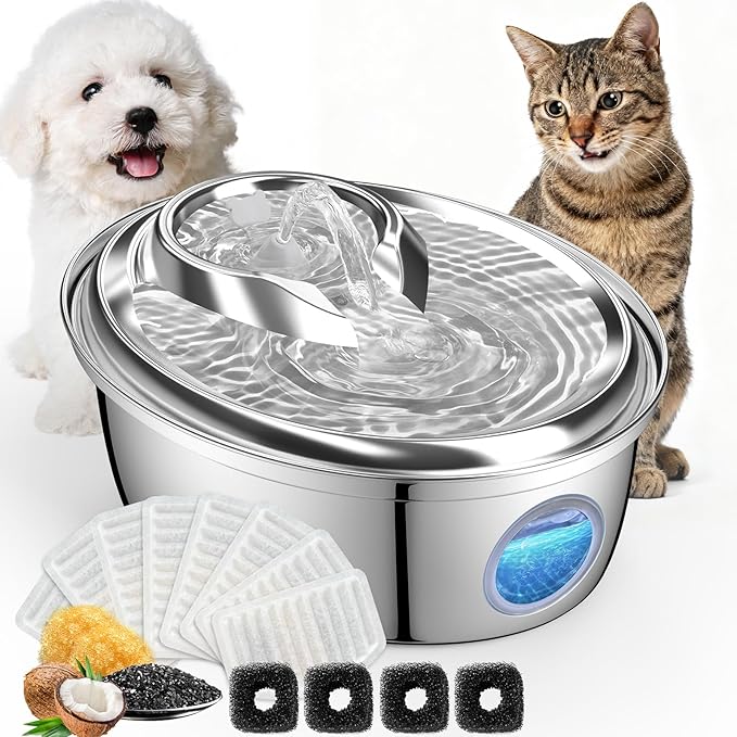 ORSDA Stainless Steel Cat Water Fountain, 100oz/3L Automatic Pet Drinking Fountain, Dog Water Dispenser Bowl with LED Wind...